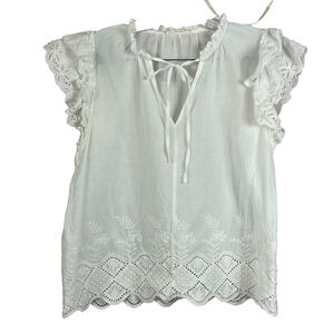 Solitare Women's Large White Lace Smocked Tie Front Flared Short Sleeve Top